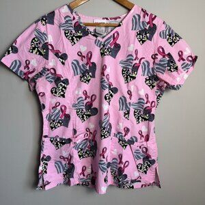 Scrubstar Women's Short Sleeve V-Neck Scrub Top Pink Ribbon and Hearts Large